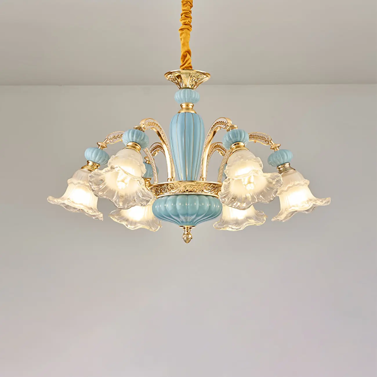 Retro Blue Glass Floral Chandelier with Adjustable Rod Image - 4 | homeyfad