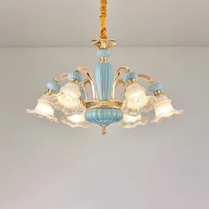 Retro Blue Glass Floral Chandelier with Adjustable Rod Image - 4