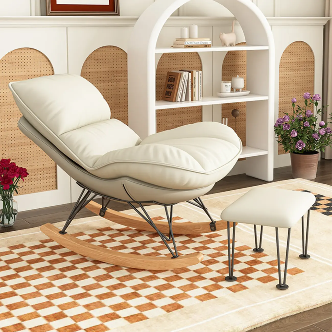 Natural Wood Upholstered Rocking Chair with Ottoman in White Image - 1 | homeyfad