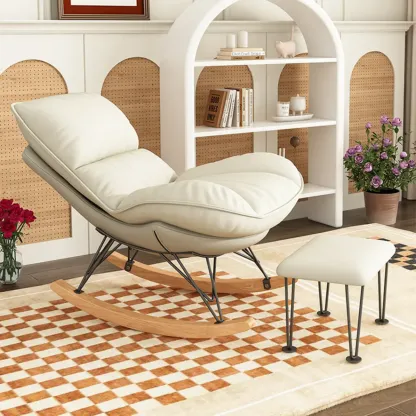 Natural Wood Upholstered Rocking Chair with Ottoman in White Image - 1