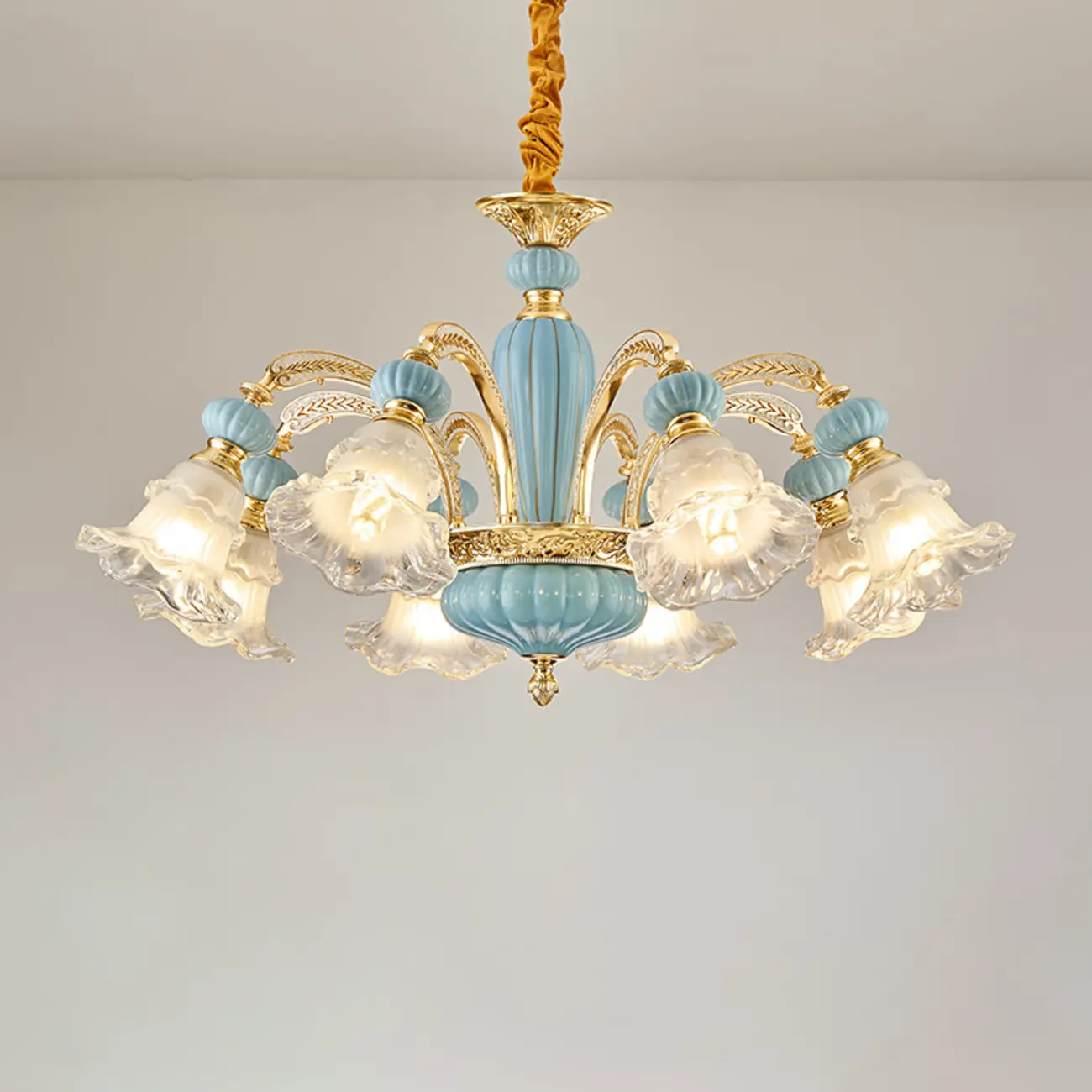 Retro Blue Glass Floral Chandelier with Adjustable Rod Image - 5 | homeyfad