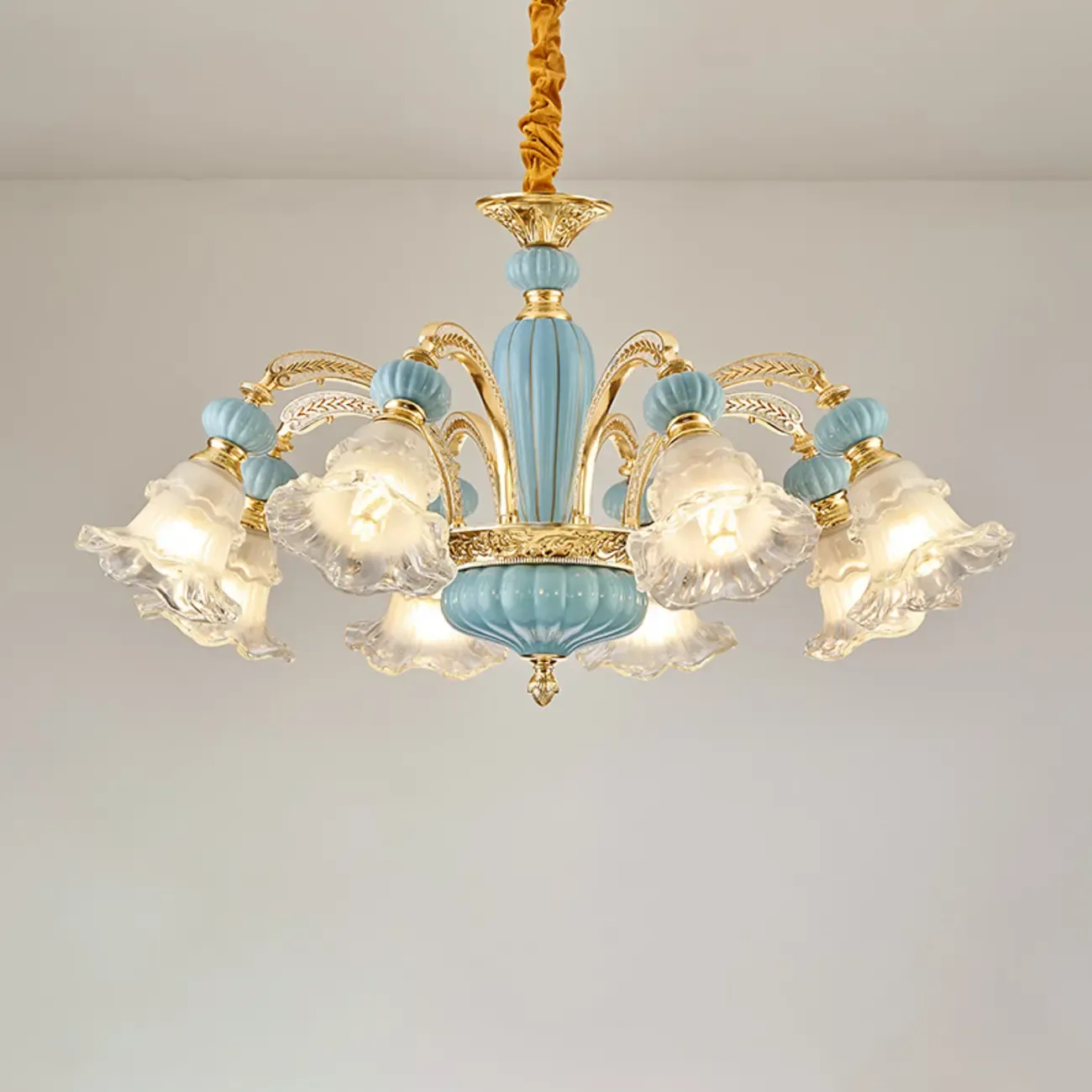 Retro Blue Glass Floral Chandelier with Adjustable Rod Image - 5