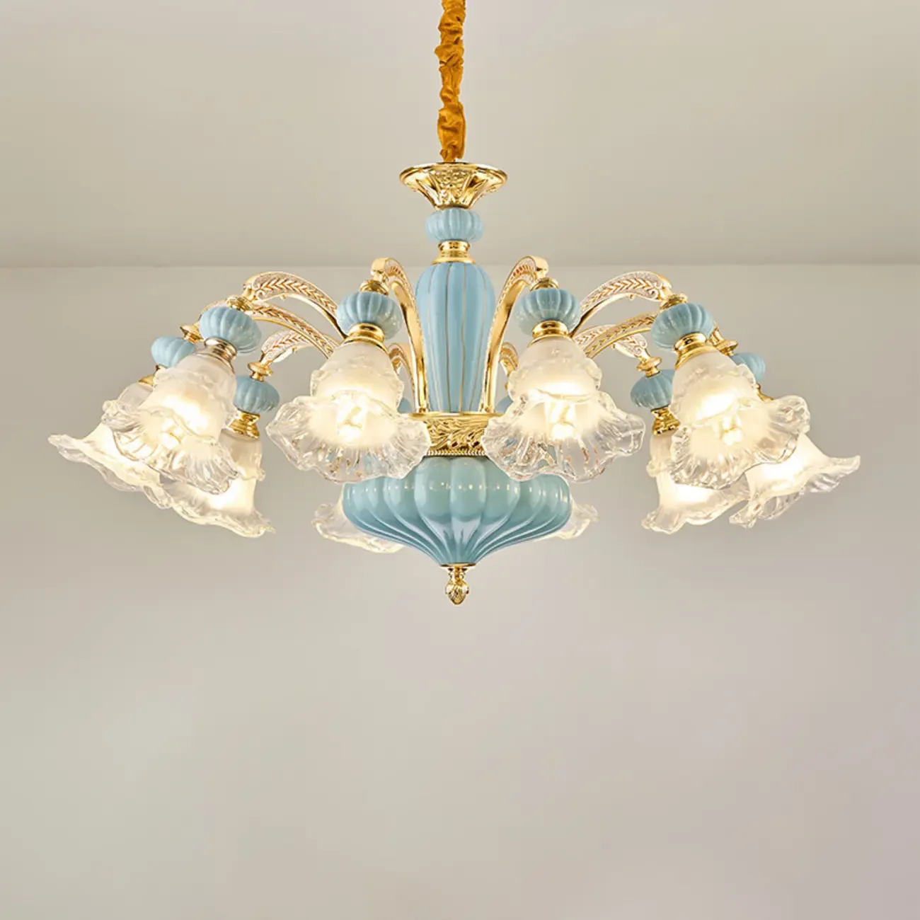 Retro Blue Glass Floral Chandelier with Adjustable Rod Image - 6