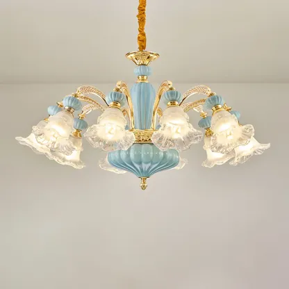 Retro Blue Glass Floral Chandelier with Adjustable Rod Image - 6