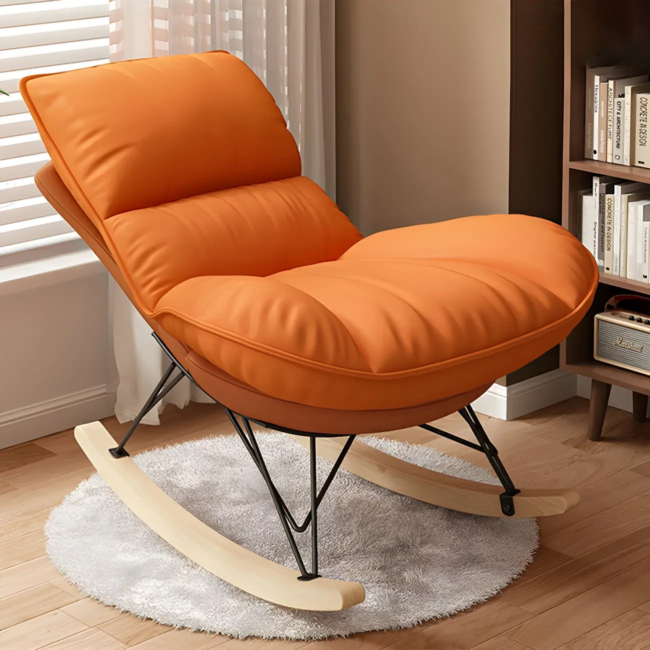 Natural Wood Upholstered Rocking Chair with Ottoman in White Image - 3 | homeyfad