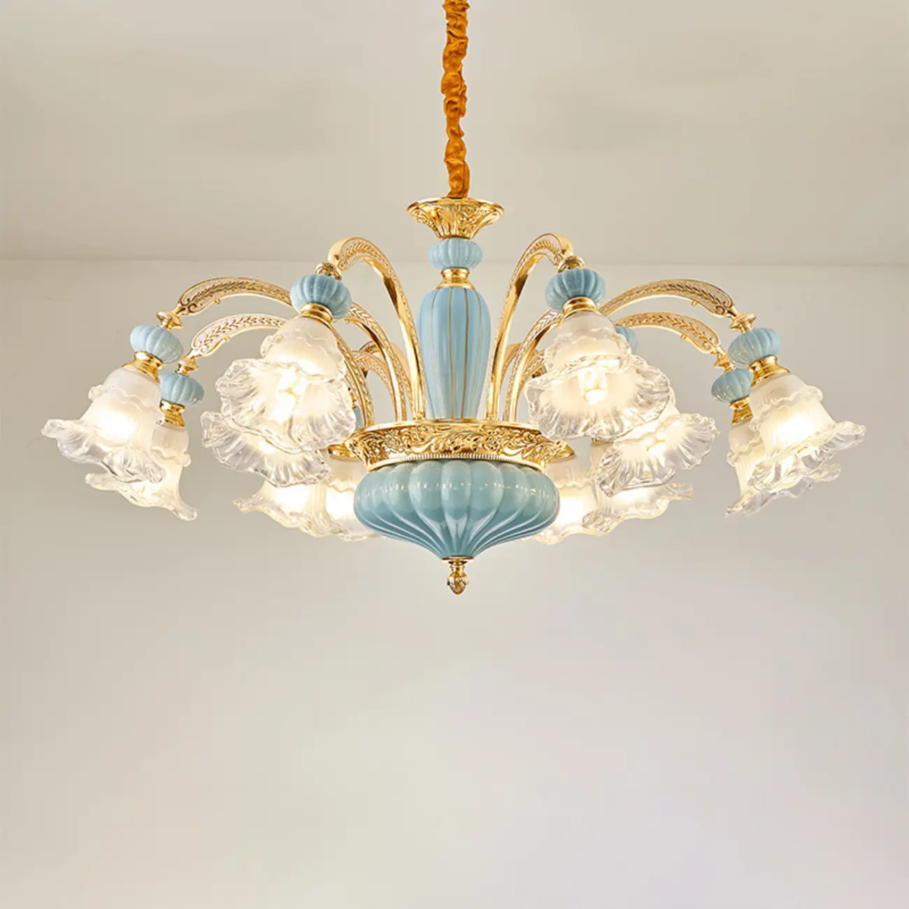 Retro Blue Glass Floral Chandelier with Adjustable Rod Image - 7 | homeyfad