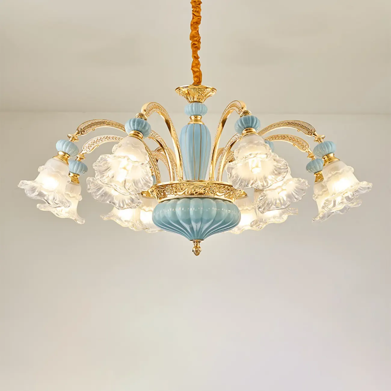 Retro Blue Glass Floral Chandelier with Adjustable Rod Image - 7