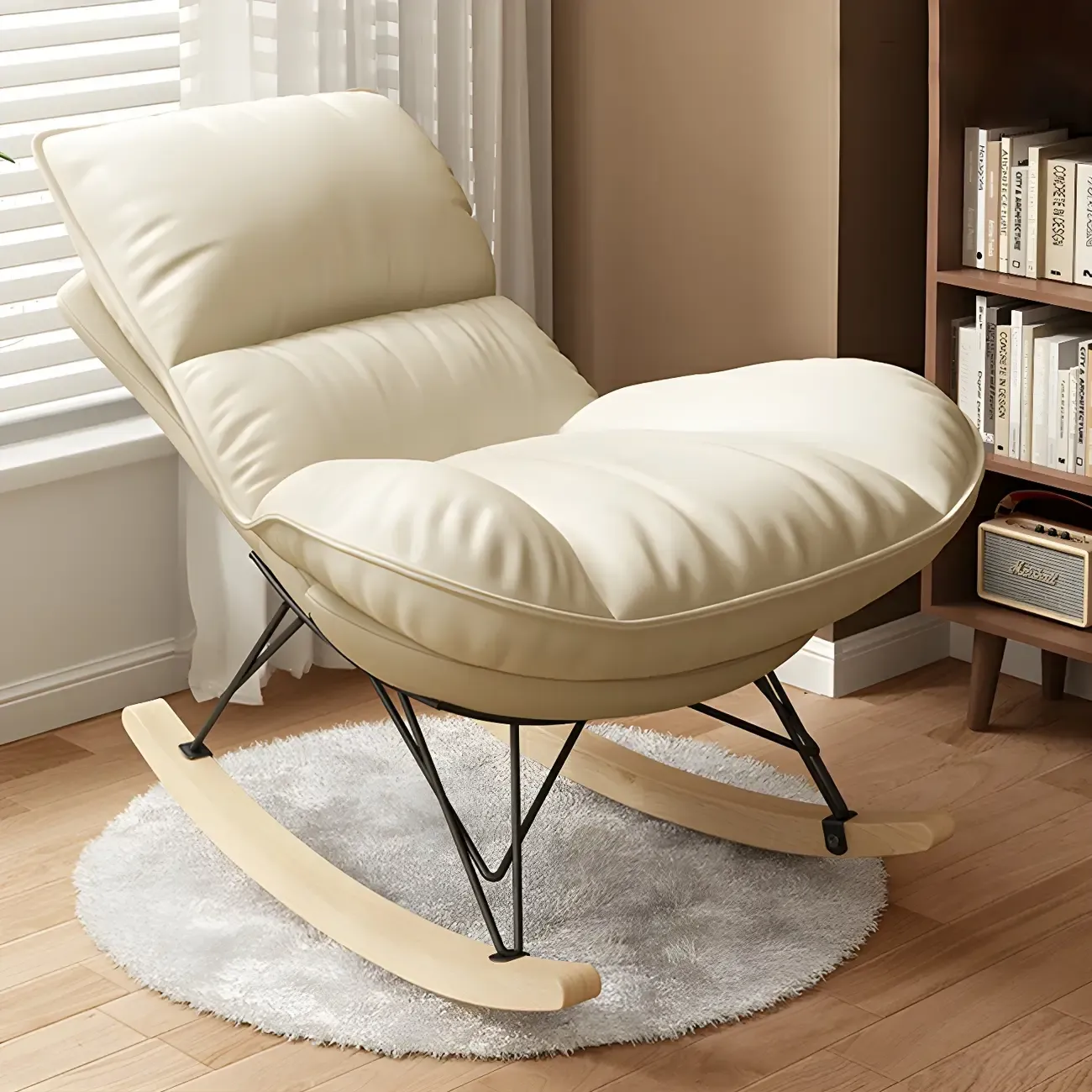 Natural Wood Upholstered Rocking Chair with Ottoman in White Image - 4