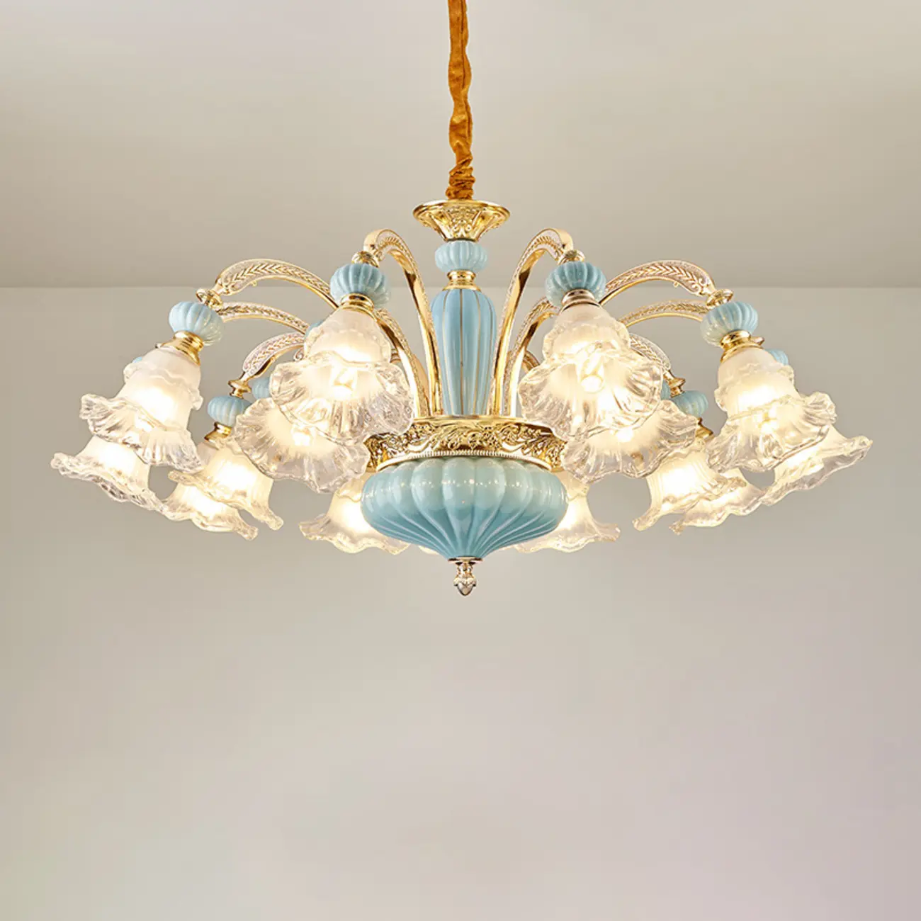Retro Blue Glass Floral Chandelier with Adjustable Rod Image - 8 | homeyfad