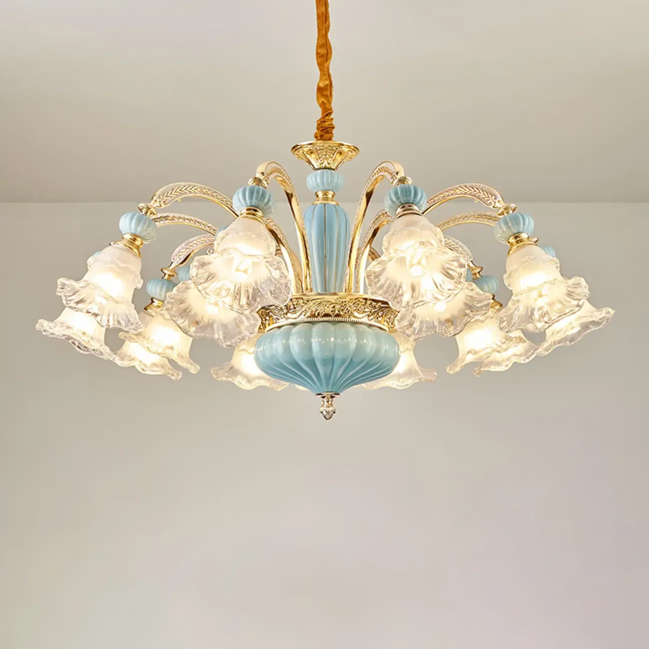 Retro Blue Glass Floral Chandelier with Adjustable Rod Image - 8