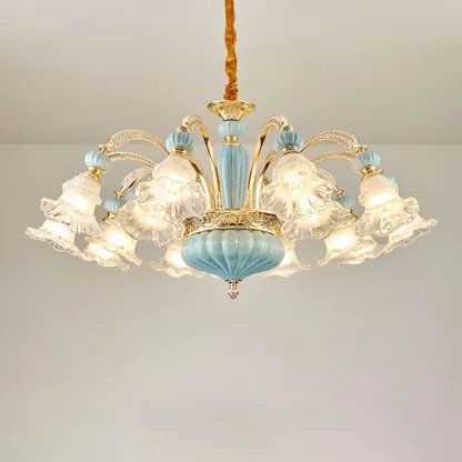 Retro Blue Glass Floral Chandelier with Adjustable Rod Image - 8