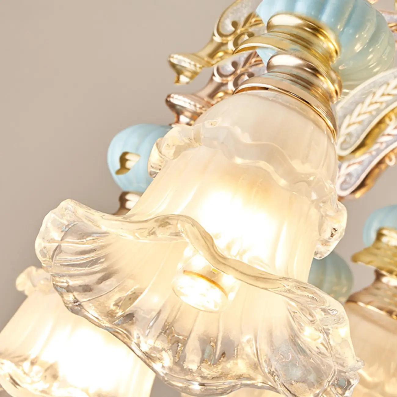 Retro Blue Glass Floral Chandelier with Adjustable Rod Image - 9 | homeyfad