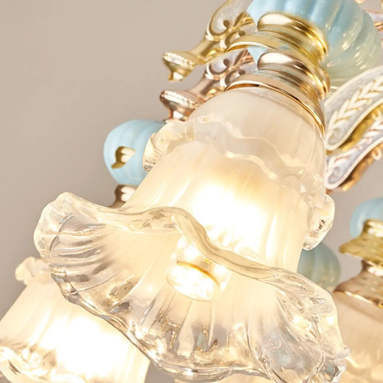 Retro Blue Glass Floral Chandelier with Adjustable Rod Image - 9