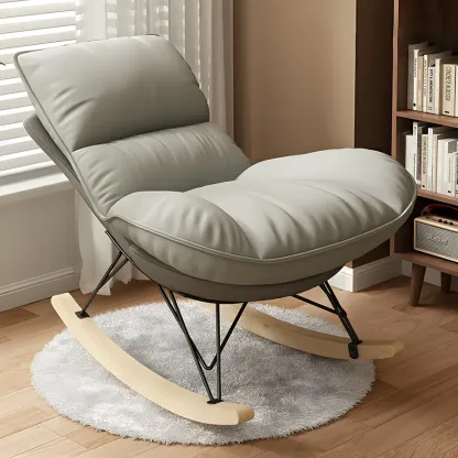 Natural Wood Upholstered Rocking Chair with Ottoman in White Image - 5