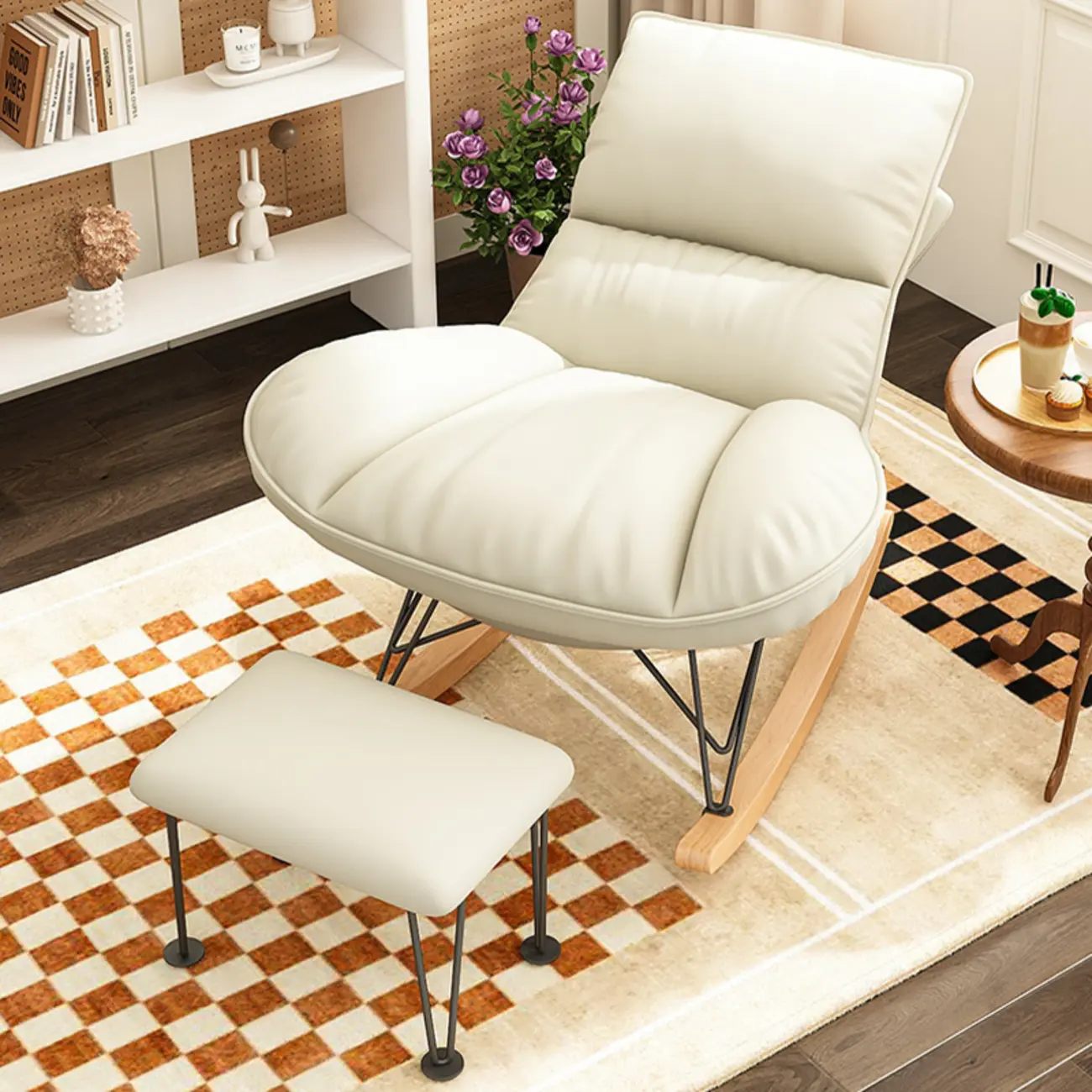 Natural Wood Upholstered Rocking Chair with Ottoman in White Image - 6 | homeyfad