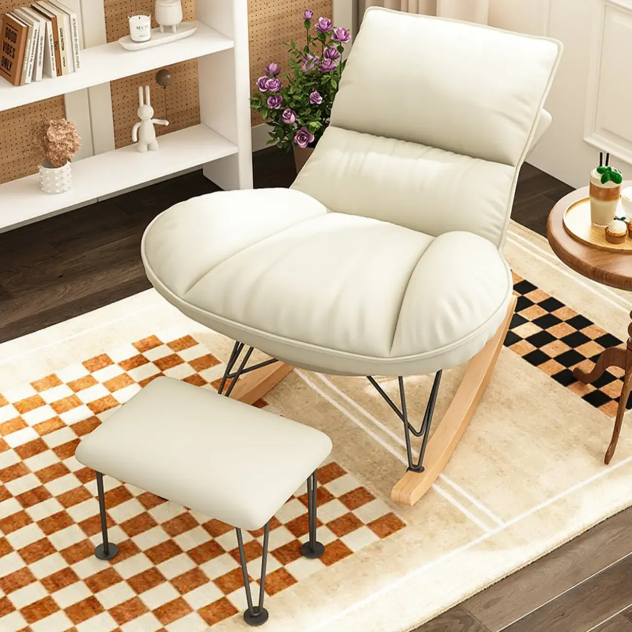 Natural Wood Upholstered Rocking Chair with Ottoman in White Image - 6