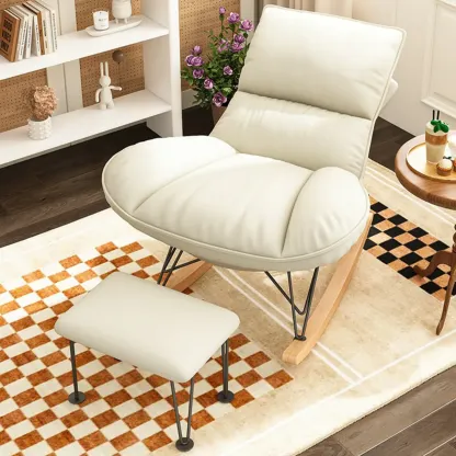 Natural Wood Upholstered Rocking Chair with Ottoman in White Image - 6