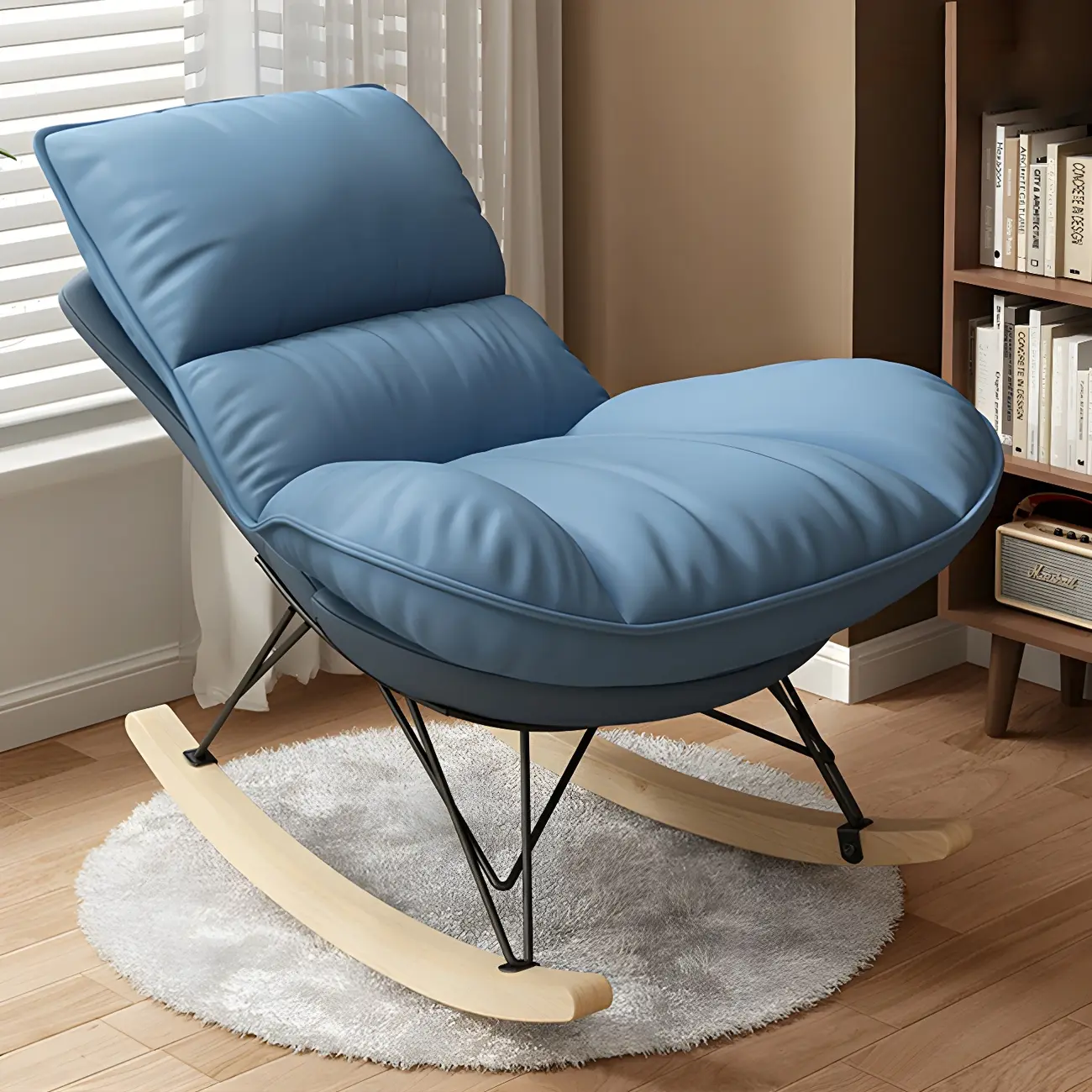 Natural Wood Upholstered Rocking Chair with Ottoman in White Image - 7 | homeyfad