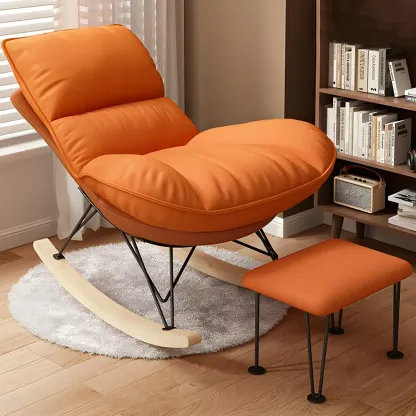 Natural Wood Upholstered Rocking Chair with Ottoman in White Image - 8