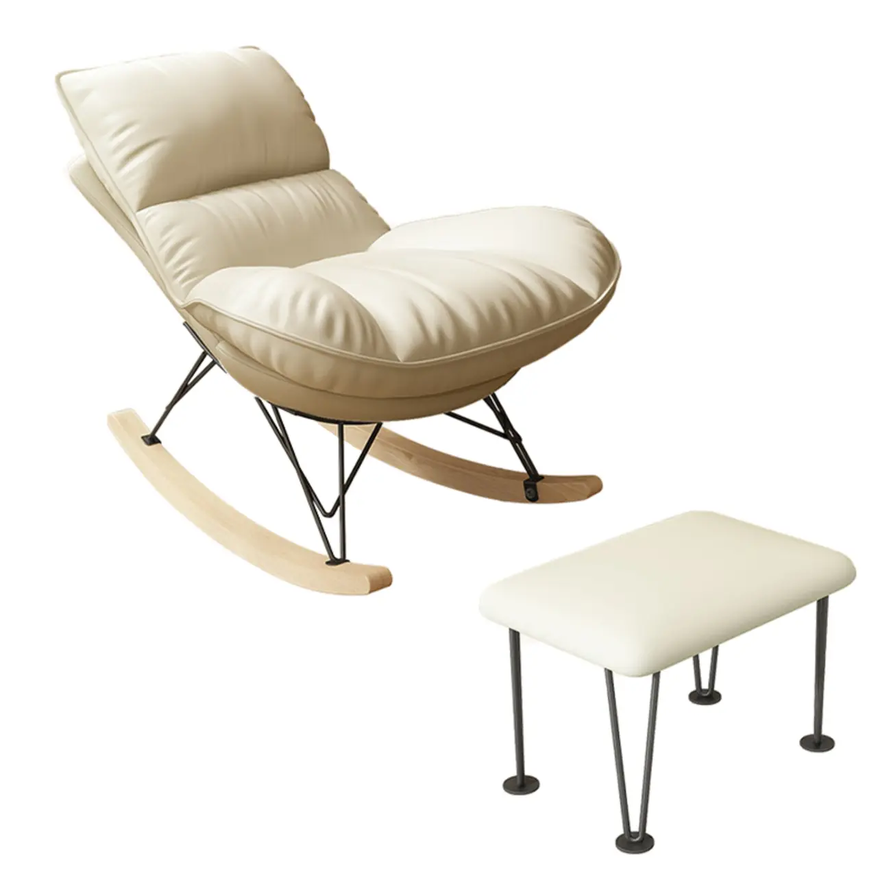 Natural Wood Upholstered Rocking Chair with Ottoman in White Image - 9 | homeyfad