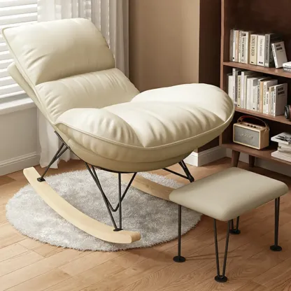 Natural Wood Upholstered Rocking Chair with Ottoman in White Image - 11