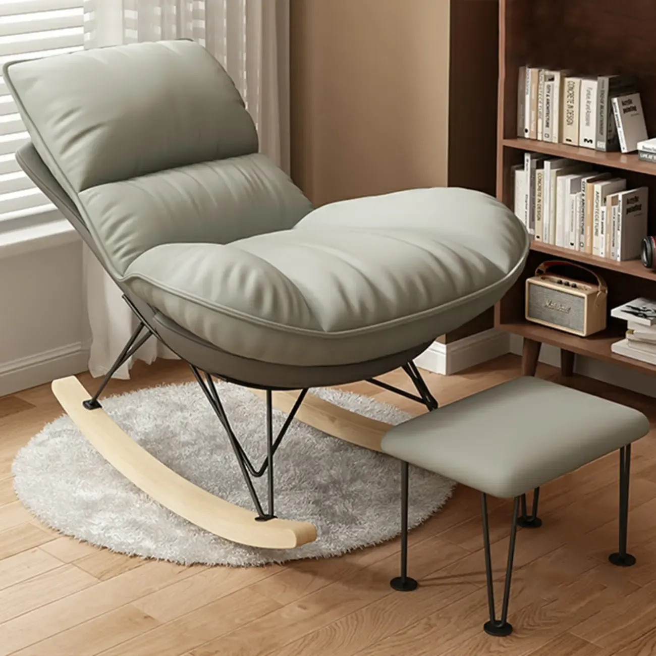 Natural Wood Upholstered Rocking Chair with Ottoman in White Image - 13