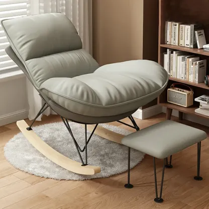 Natural Wood Upholstered Rocking Chair with Ottoman in White Image - 13