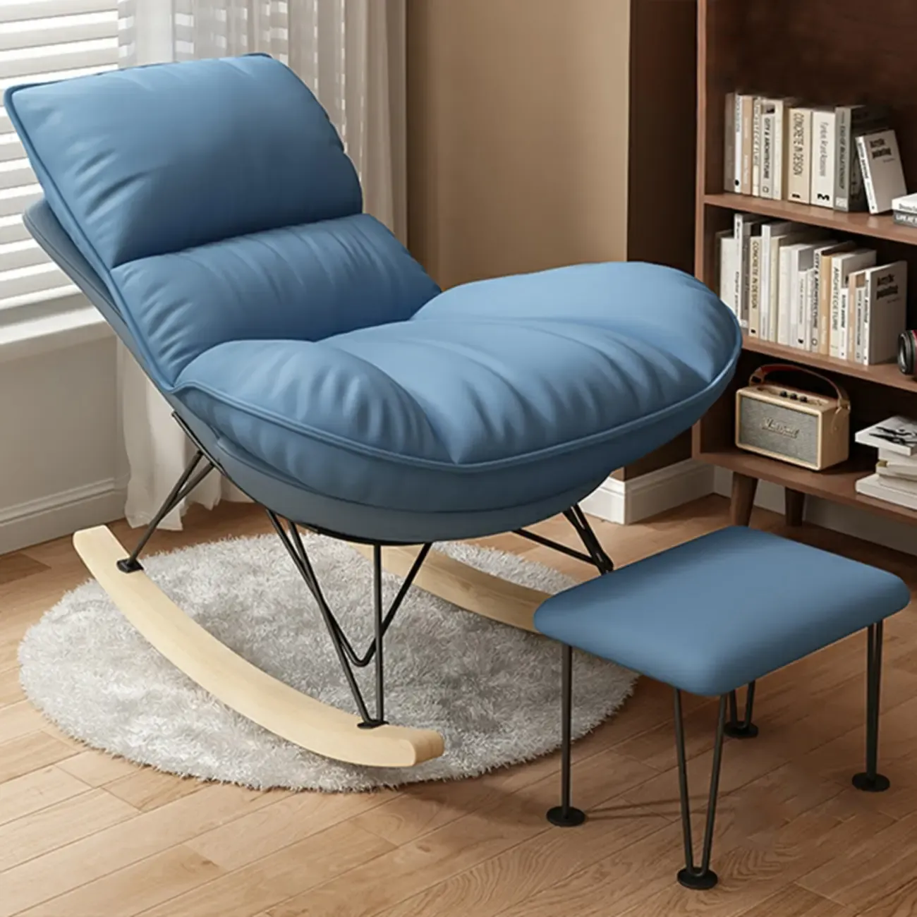 Natural Wood Upholstered Rocking Chair with Ottoman in White Image - 14