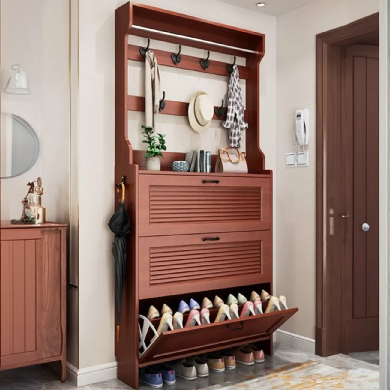 Modern Brown Wooden Hall Tree with Shoe Storage Image - 1 | homeyfad