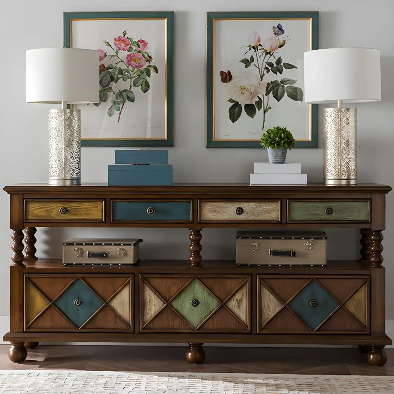 Vintage Geometric Wooden Sideboard with Storage Drawers Image - 1