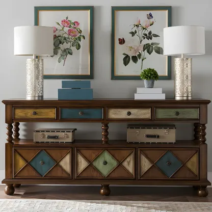 Vintage Geometric Wooden Sideboard with Storage Drawers Image - 1