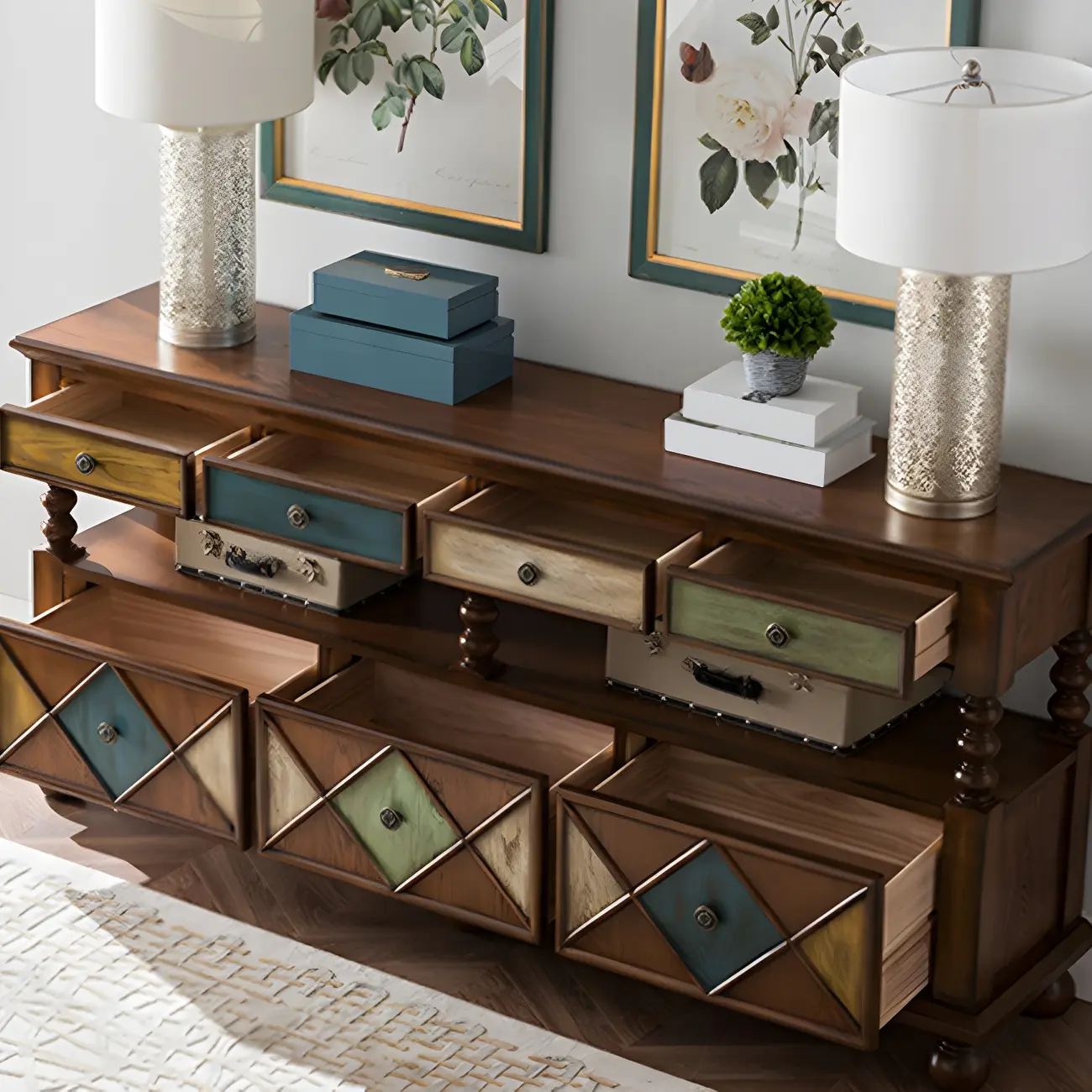 Vintage Geometric Wooden Sideboard with Storage Drawers Image - 3 | homeyfad