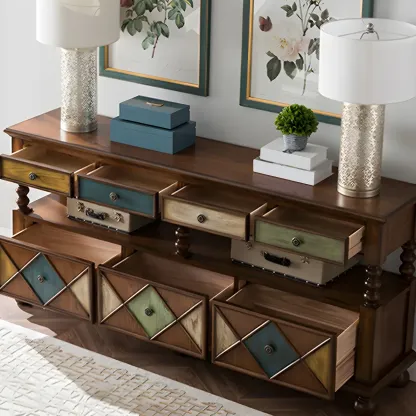 Vintage Geometric Wooden Sideboard with Storage Drawers Image - 3