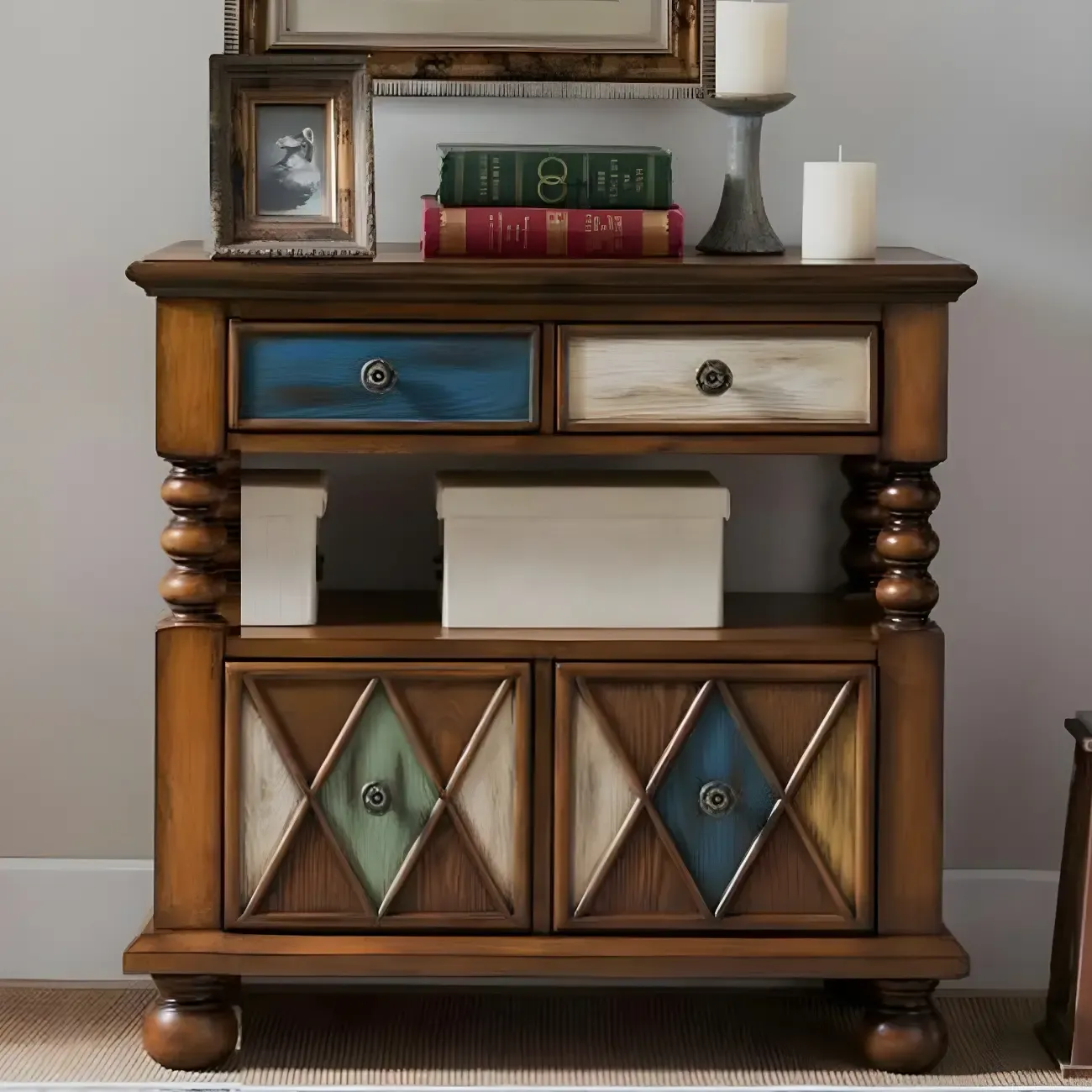 Vintage Geometric Wooden Sideboard with Storage Drawers Image - 4