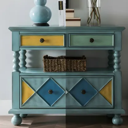 Vintage Geometric Wooden Sideboard with Storage Drawers Image - 5