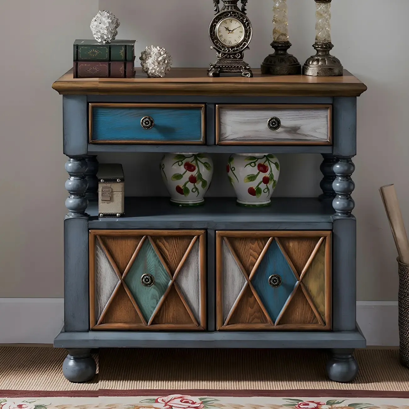 Vintage Geometric Wooden Sideboard with Storage Drawers Image - 8