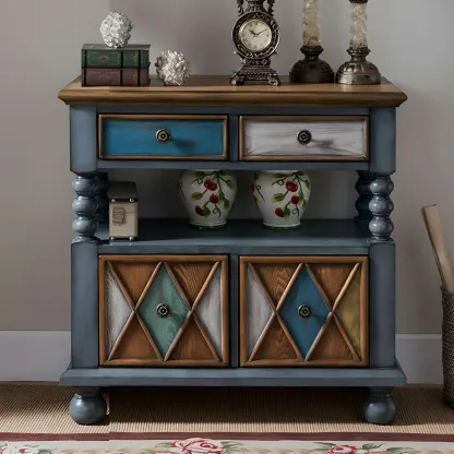 Vintage Geometric Wooden Sideboard with Storage Drawers Image - 8