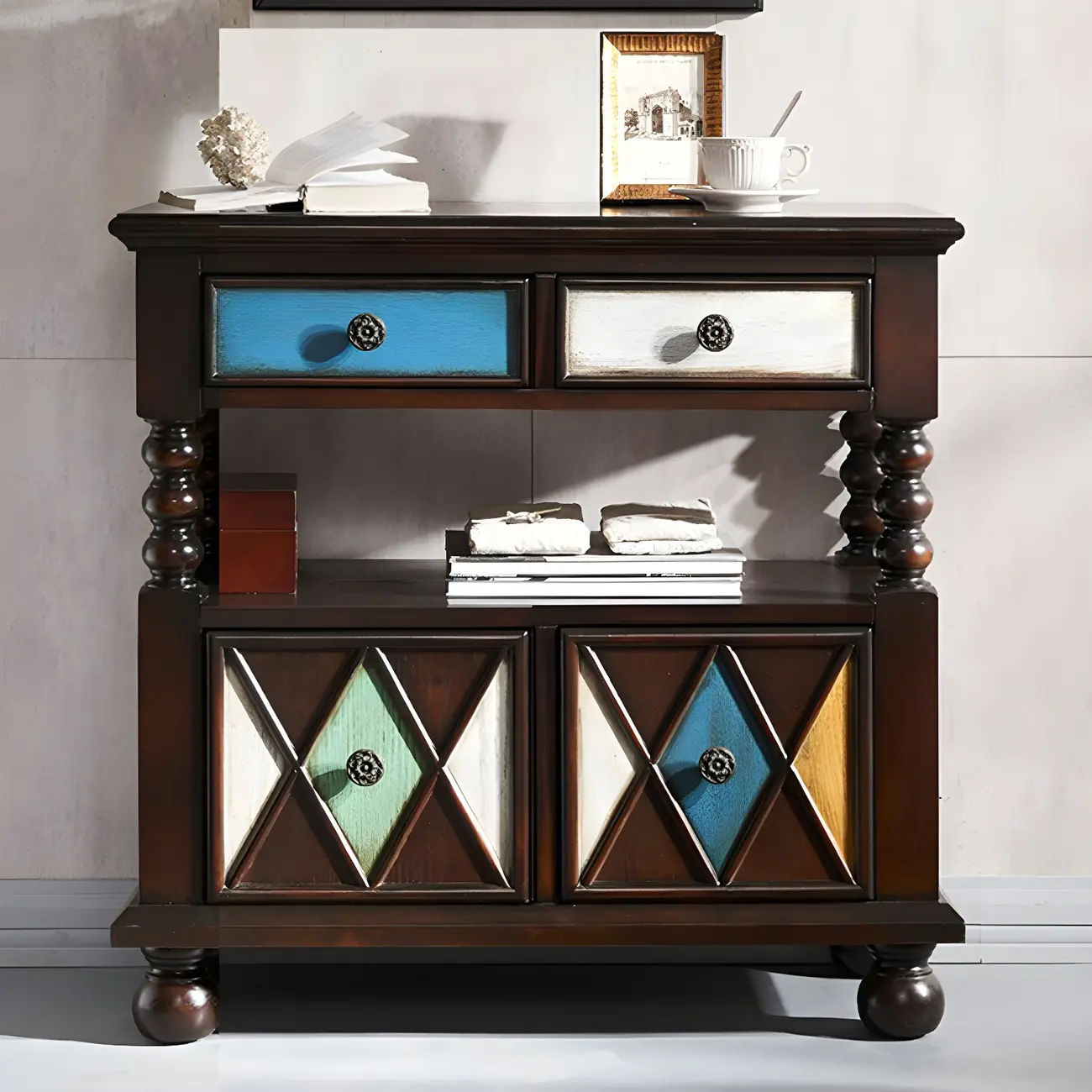 Vintage Geometric Wooden Sideboard with Storage Drawers Image - 9 | homeyfad