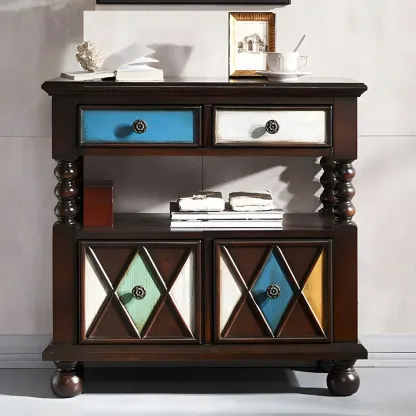 Vintage Geometric Wooden Sideboard with Storage Drawers Image - 9