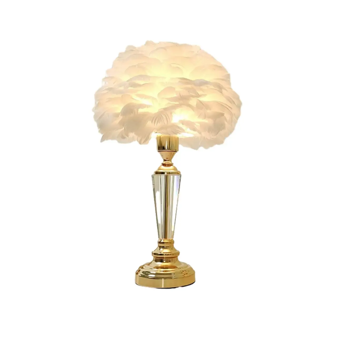 Elegant Pink Feather Shade Gold Crystal Bedside Table Lamp Image - 10
