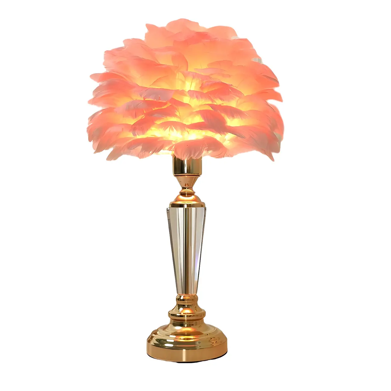 Elegant Pink Feather Shade Gold Crystal Bedside Table Lamp Image - 11 | homeyfad