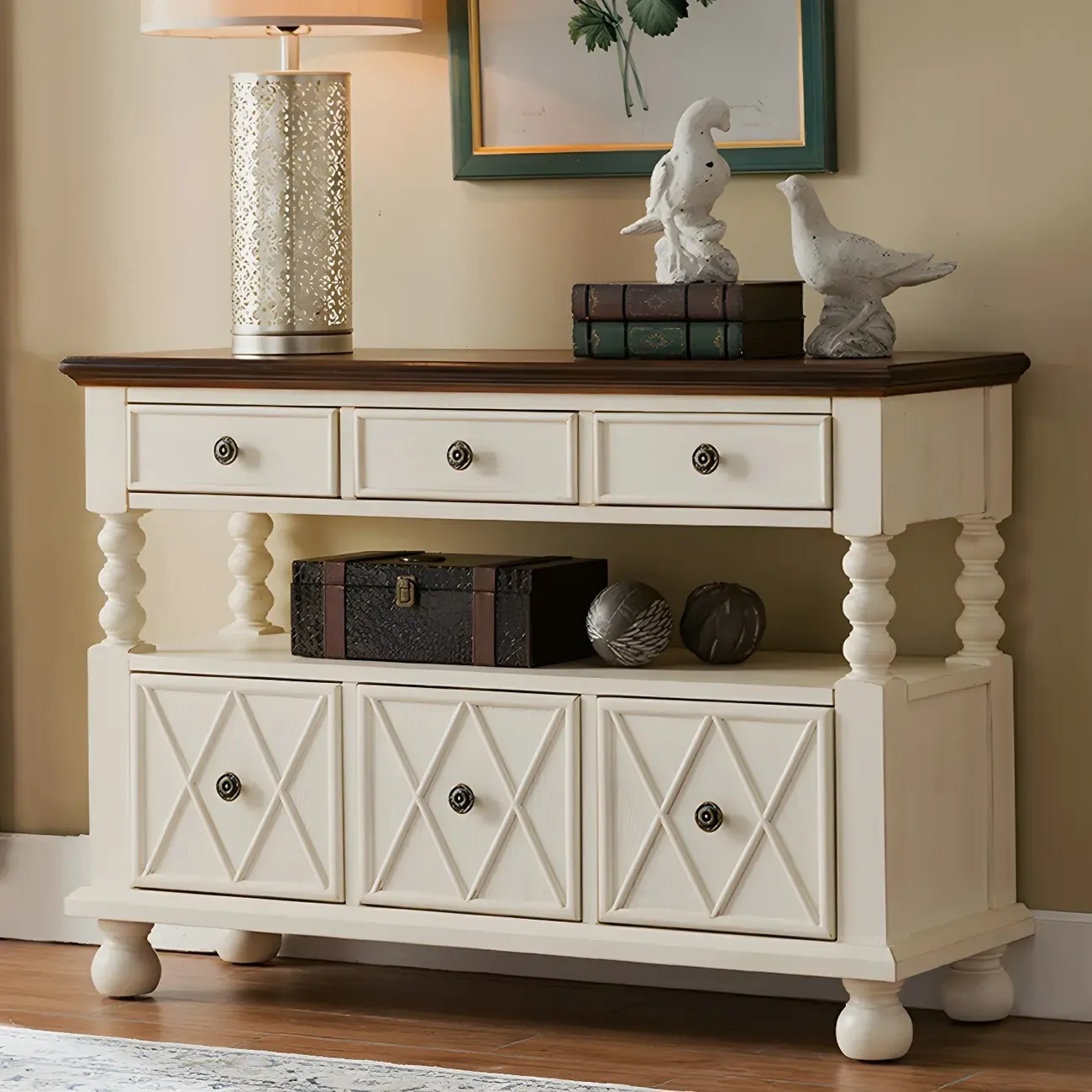 Vintage Geometric Wooden Sideboard with Storage Drawers Image - 12