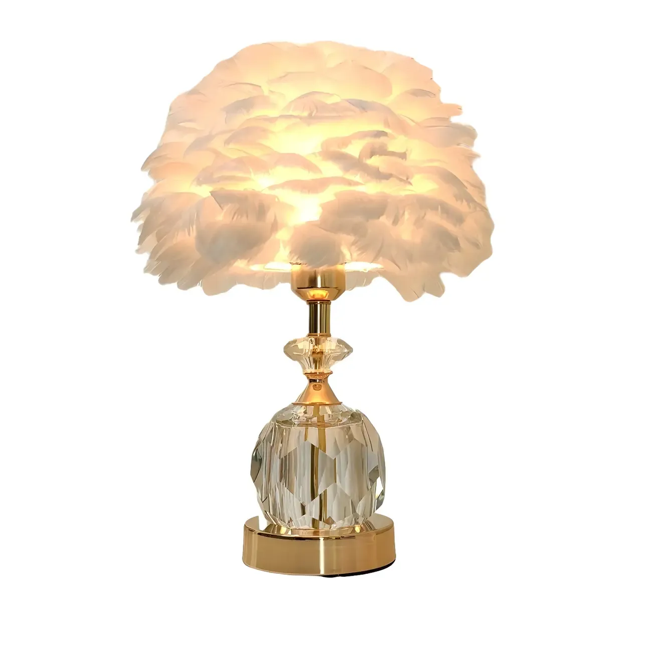 Elegant Pink Feather Shade Gold Crystal Bedside Table Lamp Image - 12
