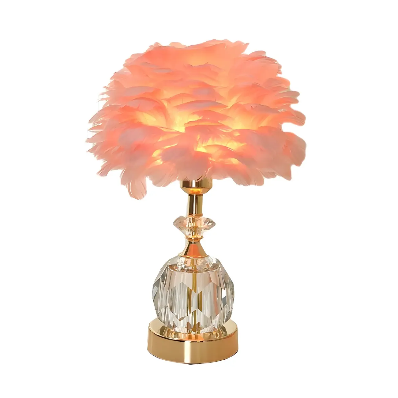 Elegant Pink Feather Shade Gold Crystal Bedside Table Lamp Image - 13
