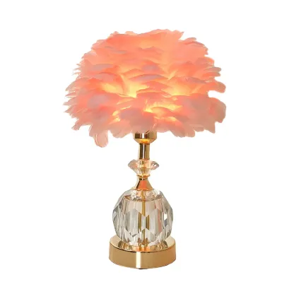 Elegant Pink Feather Shade Gold Crystal Bedside Table Lamp Image - 13