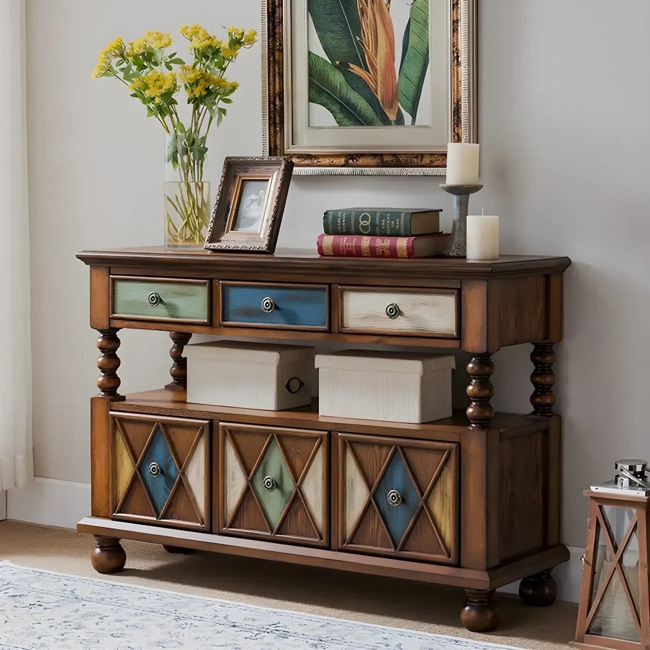 Vintage Geometric Wooden Sideboard with Storage Drawers Image - 14