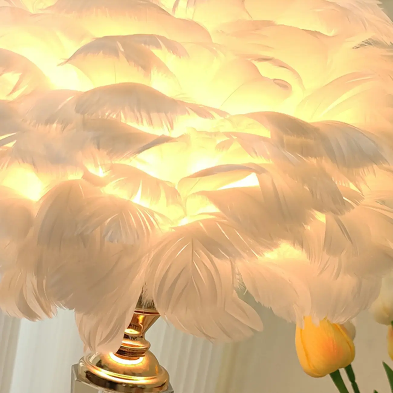 Elegant Pink Feather Shade Gold Crystal Bedside Table Lamp Image - 15 | homeyfad