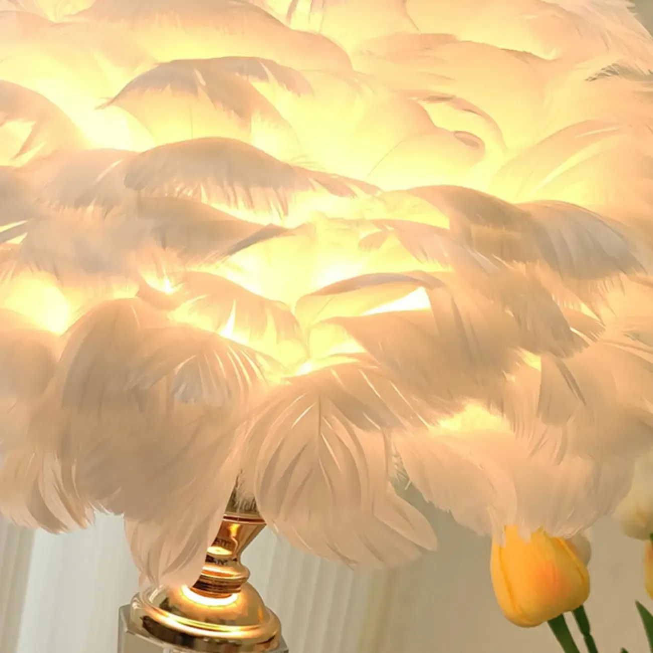Elegant Pink Feather Shade Gold Crystal Bedside Table Lamp Image - 15