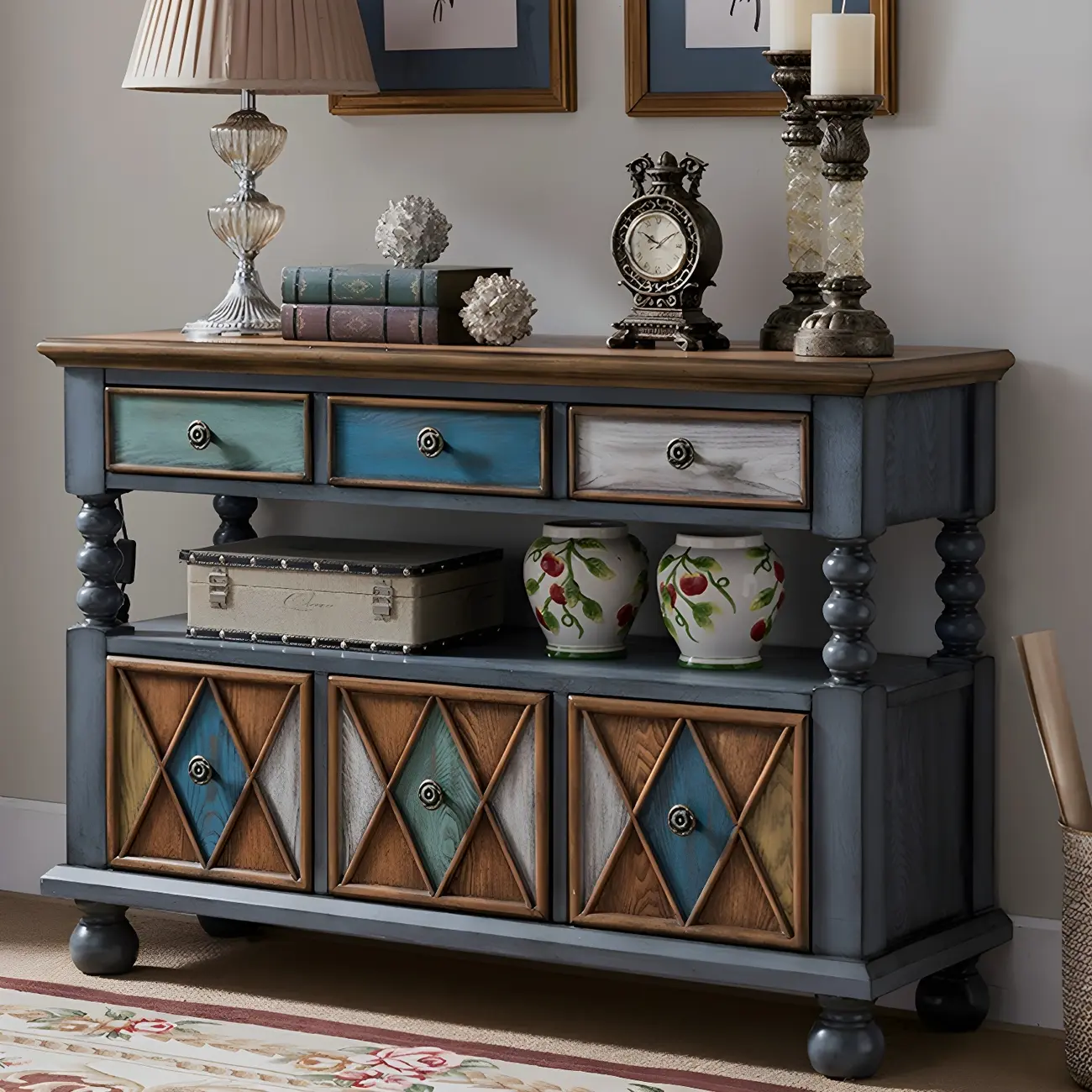 Vintage Geometric Wooden Sideboard with Storage Drawers Image - 15 | homeyfad