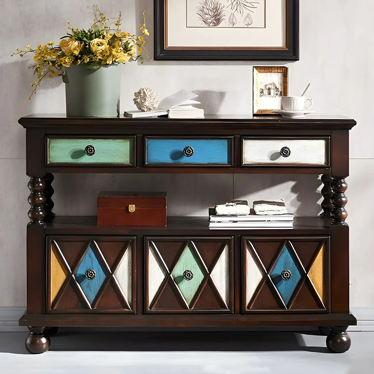 Vintage Geometric Wooden Sideboard with Storage Drawers Image - 16 | homeyfad